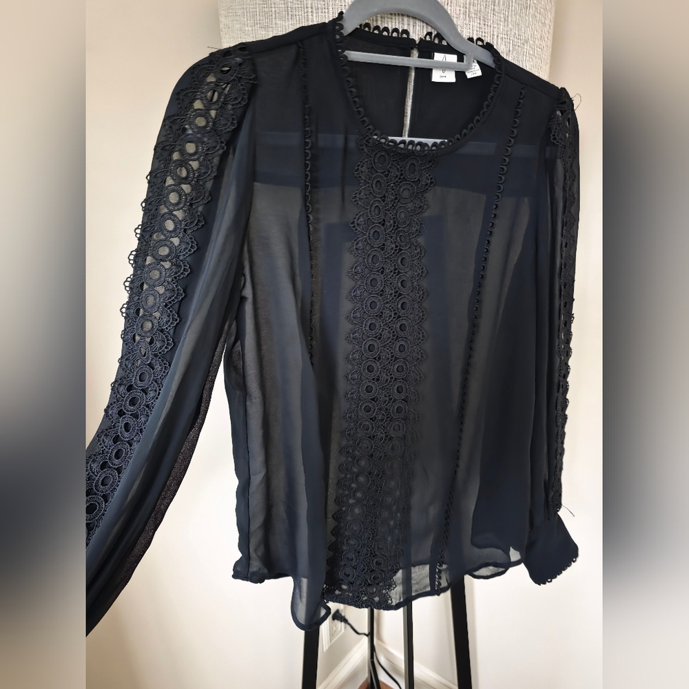 Joie Romantic Sheer Black Lace Trim Blouse